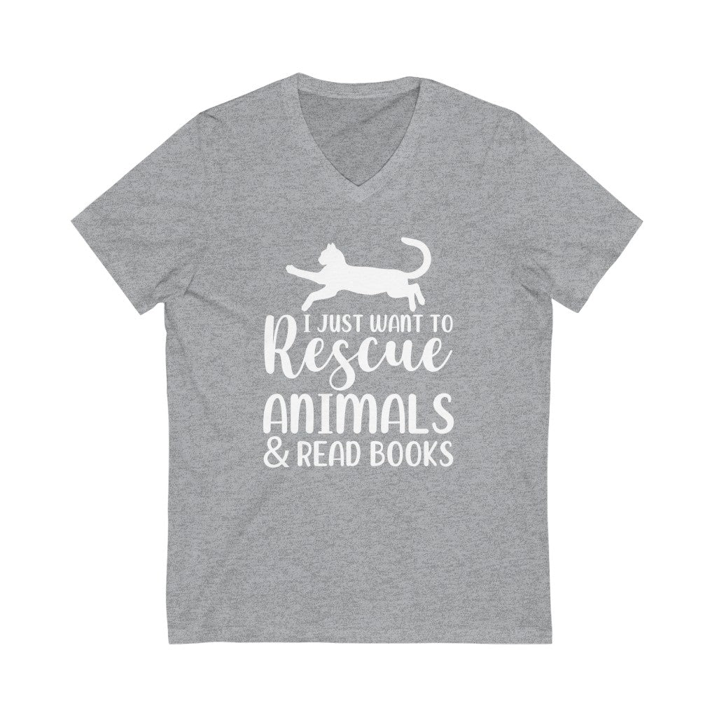 I Just Want to Rescue Animals and Read Books Unisex Jersey Short Sleeve V-Neck T-Shirt