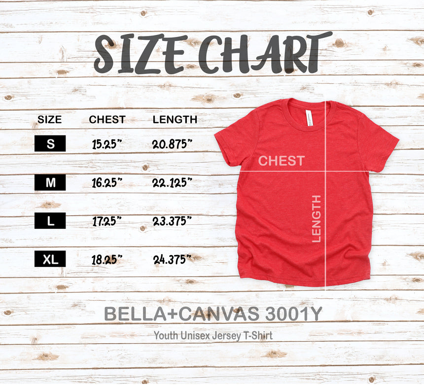 Bella and Canvas 3001Y Youth Unisex crewneck t-shirt size chart. All measurements in inches. 
Size S chest 15.25 Length 20.87
Size M chest 16.25 Length 22.125
Size L chest 17.25 Length 23.37
Size XL chest 18.25 Length 24.37