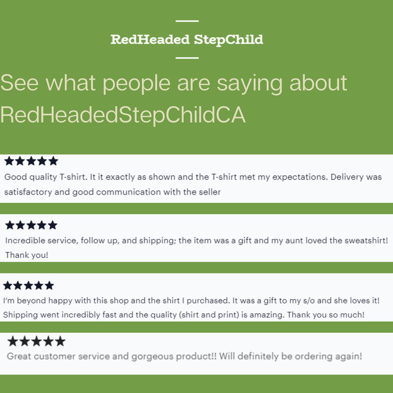 An infographic displaying a series of five star reviews with an emphasis on fast shipping. It has a green background and says red headed stepchild at the top. There is a line drawn Christmas tree at the bottom.