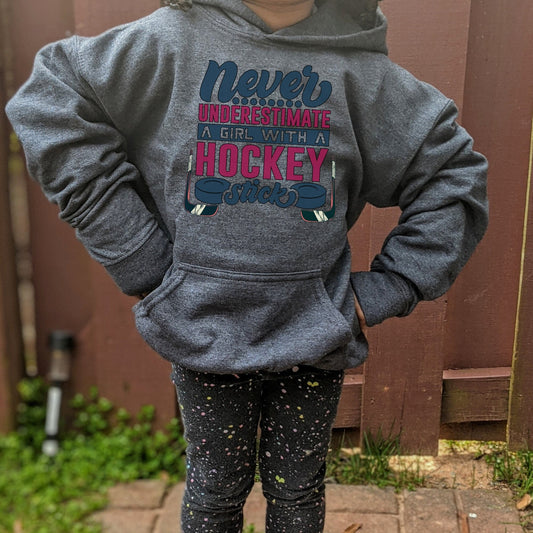 Girls Hockey Sweatshirt, Hockey Girl Youth Hoodie, Girls Hockey Player Gift, Hockey Hoodie, Never Underestimate a Girl with a Hockey Stick