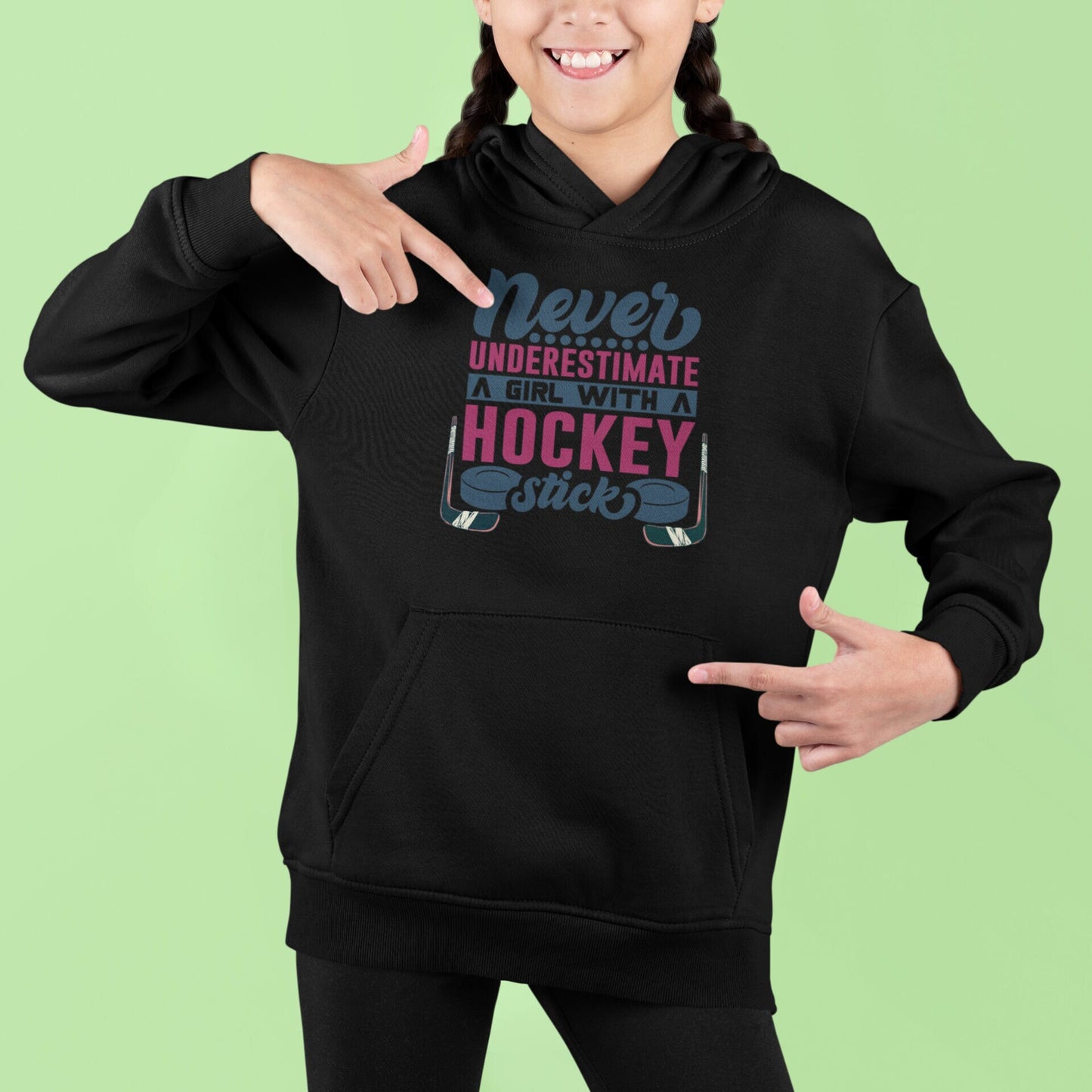 Girls Hockey Sweatshirt, Hockey Girl Youth Hoodie, Girls Hockey Player Gift, Hockey Hoodie, Never Underestimate a Girl with a Hockey Stick