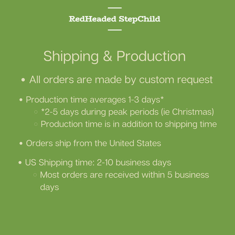 An infographic that states the shipping and production time. It states that all orders are made by custom request. Therefore production time averages 1-3 days, up to 5 days at Christmas time. Orders ship from the USA with delivery in about 2-10 days.