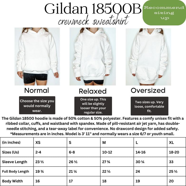 Gildan 18500B Youth Hoodie Sweatshirt size chart in imperial measurement
XS Width 16 Length 19.8
S Width 17 Length 21.3
M Width 18 Length 22.5
L Width 19 Length 24
XL Width 20 Length 25.5