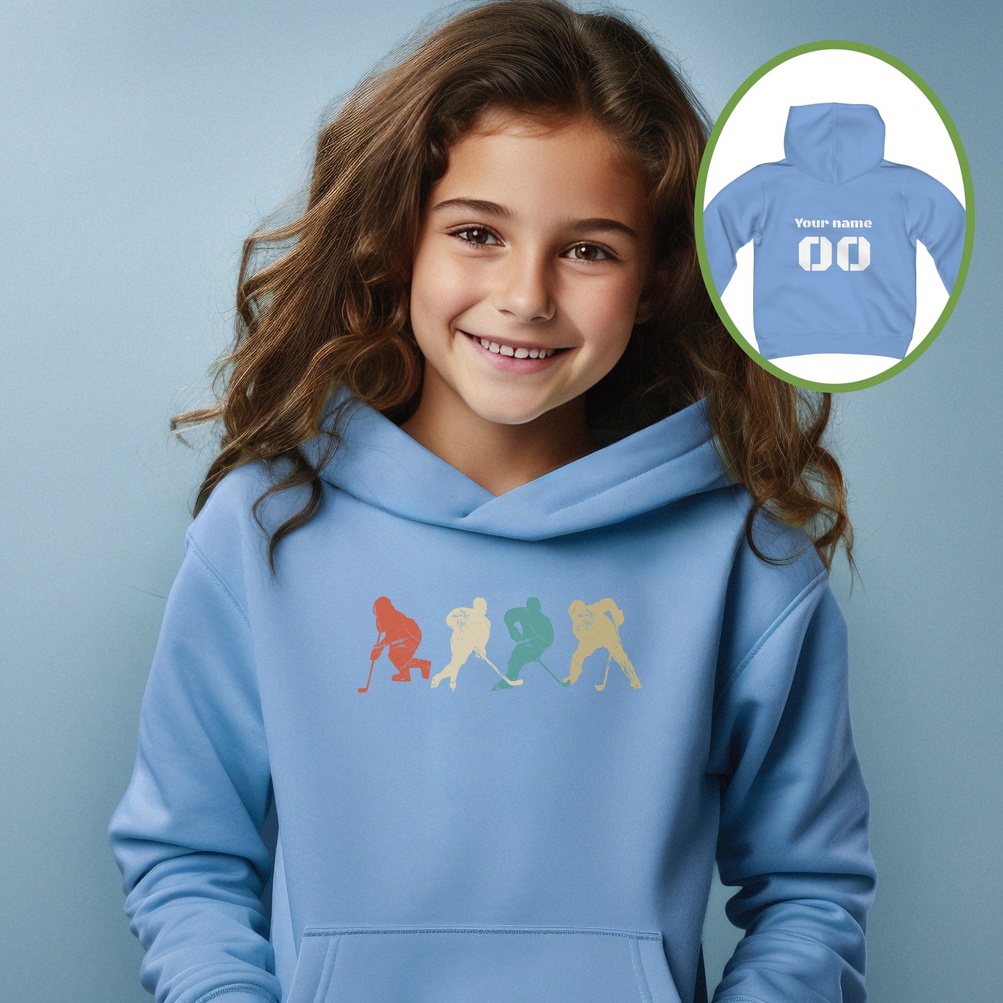 Girl wearing a Carolina blue Gildan 18500B youth hoodie. It has four figures of hockey players in a vintage distressed style. The colors are red, cream, blue and yellow. Personalized name and number available on the back.