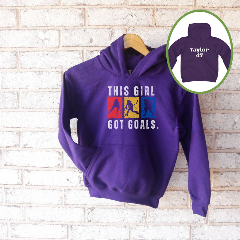 Personalized Girls Hockey Shirt, Youth Girls Hockey Hoodie, Gift for Girls Hockey Player, This Girl Got Goals Youth Hoodie