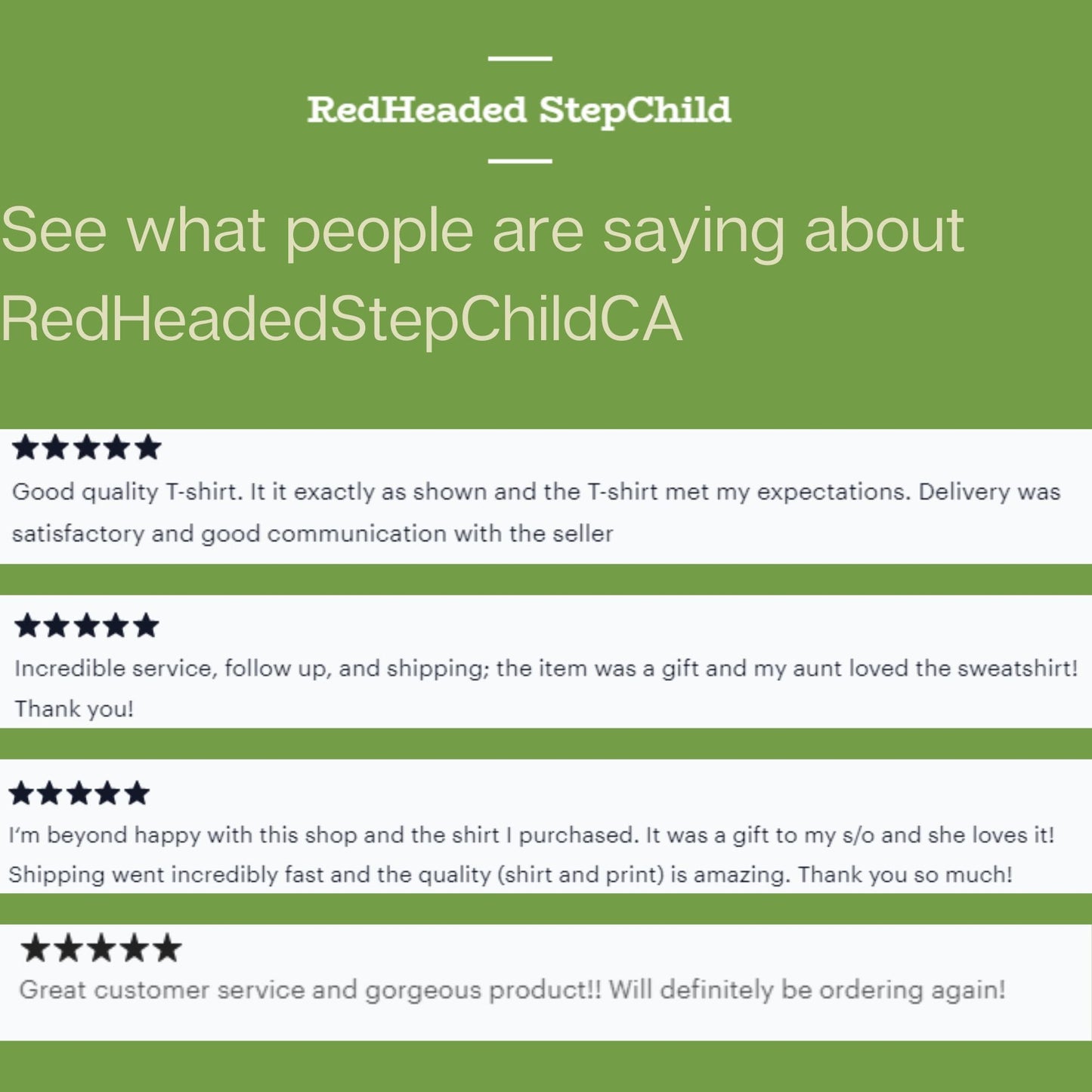 A graphic showing 5 star reviews for RedHeadedStepChildCA.