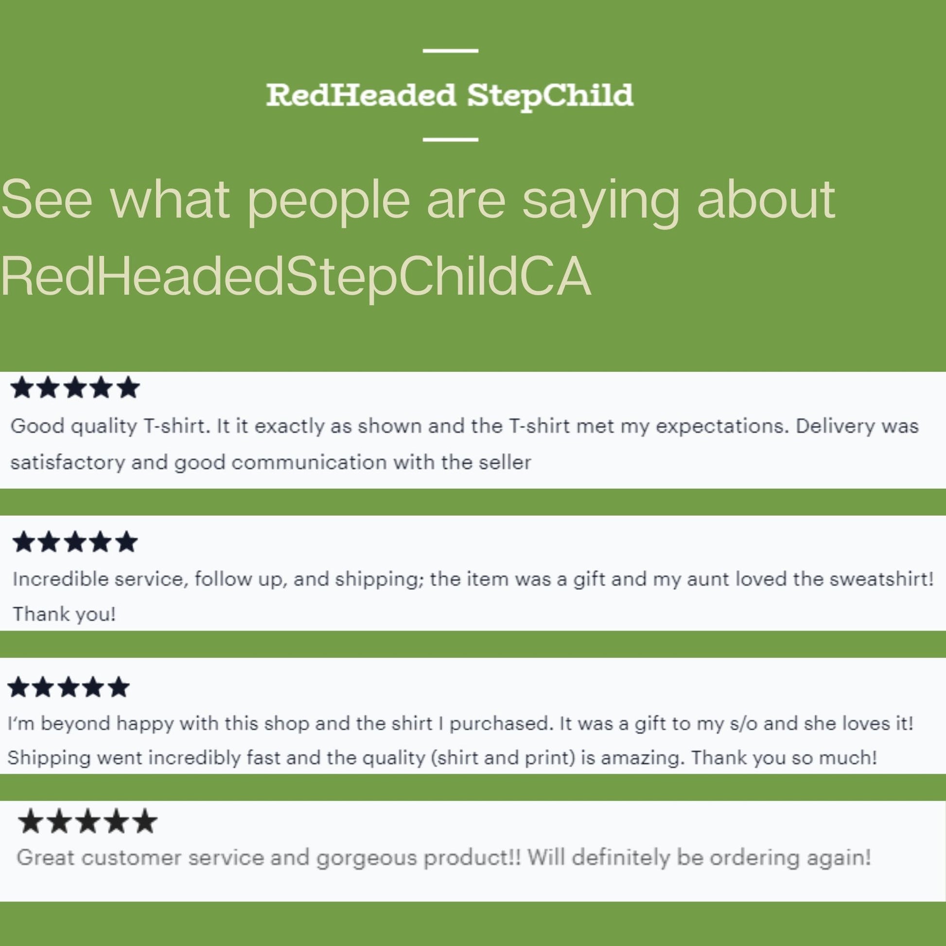 A graphic showing 5 star reviews for RedHeadedStepChildCA.