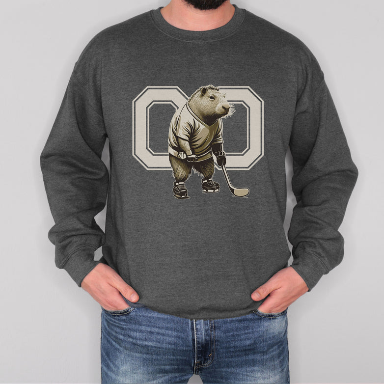 Personalized Funny Capybara Hockey Sweatshirt, Unisex Crewneck Hockey Sweatshirt for Men Gift, Hockey Player Shirt, Gift for Hockey Lover