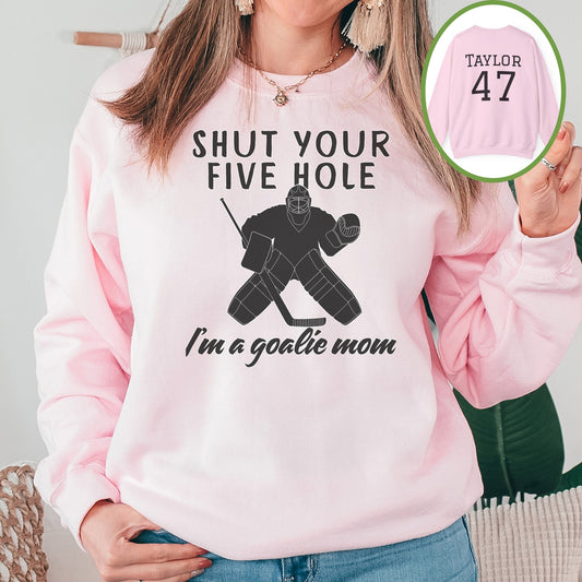 Personalized Hockey Mom Sweatshirt, Hockey Goalie Mom Gift, Unisex Crewneck Sweatshirt for Women, I'm a Goalie Mom Sweater