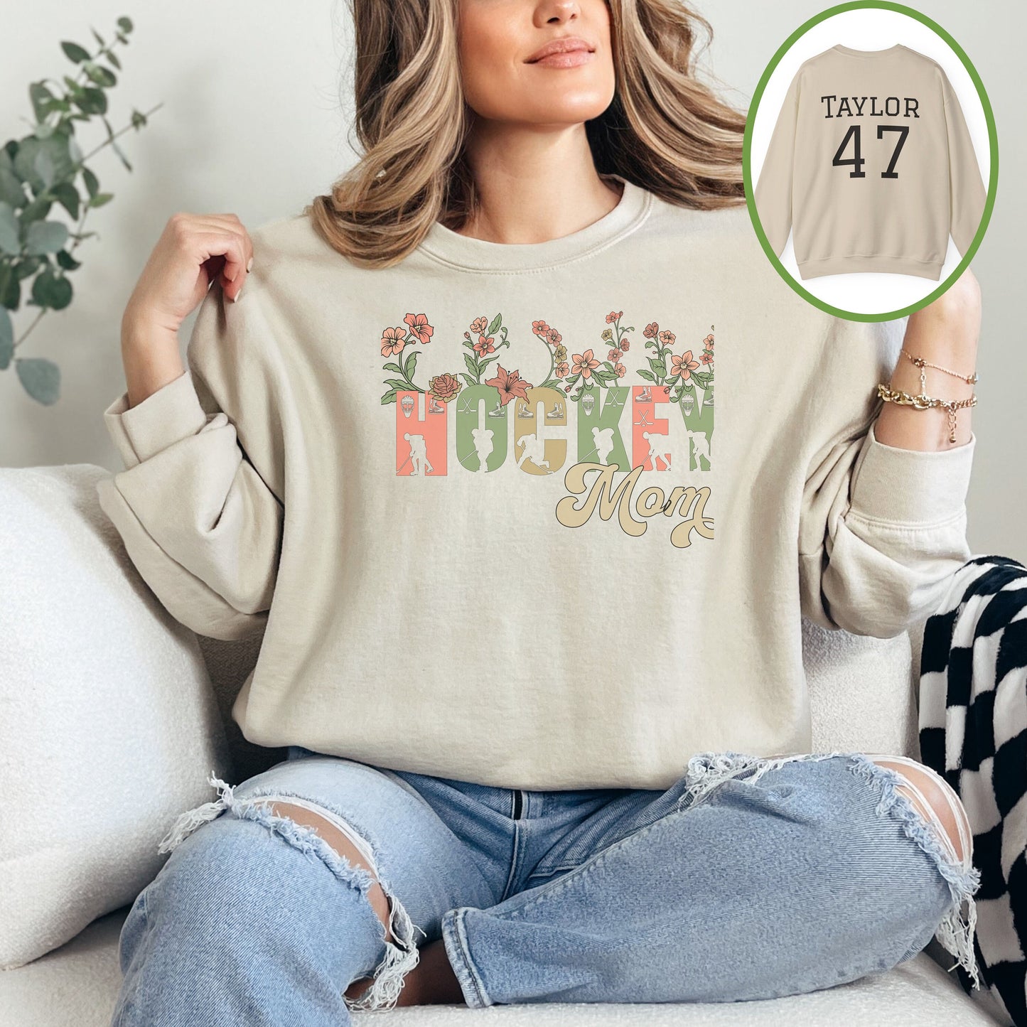 Personalized Pretty Hockey Mom Sweatshirt, Hockey Mom Gift, Unisex Crewneck Sweatshirt for Women, Wild Flowers Hockey Mom Sweater