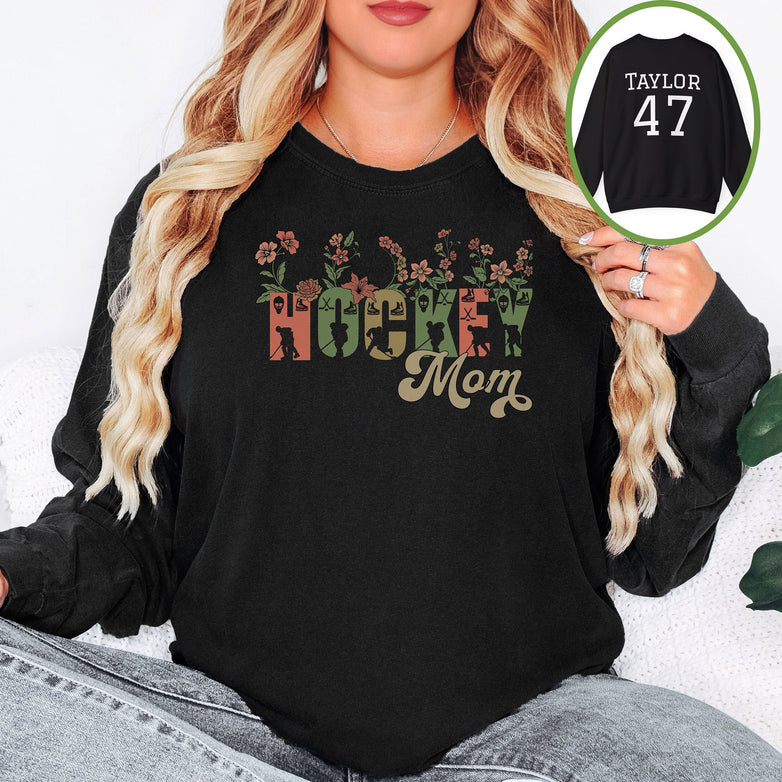 Personalized Pretty Hockey Mom Sweatshirt, Hockey Mom Gift, Unisex Crewneck Sweatshirt for Women, Wild Flowers Hockey Mom Sweater