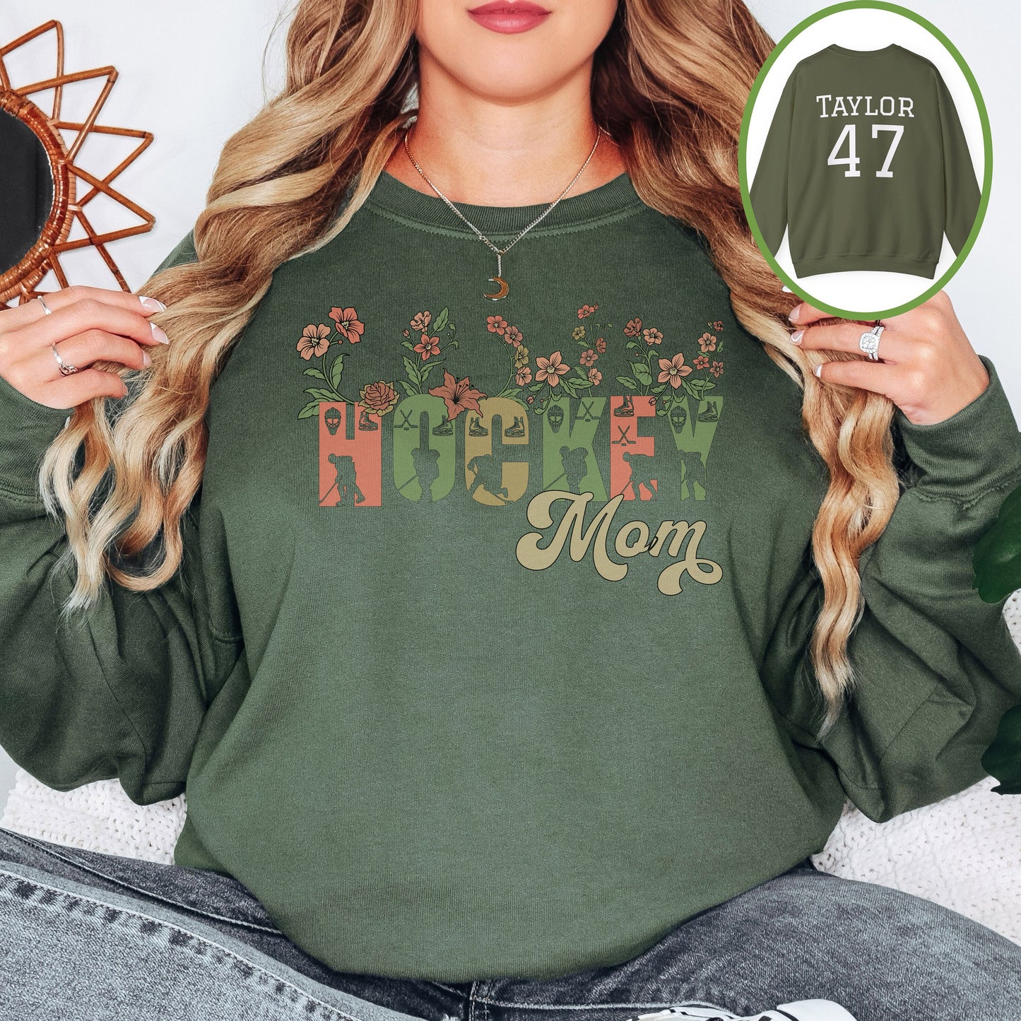 Personalized Pretty Hockey Mom Sweatshirt, Hockey Mom Gift, Unisex Crewneck Sweatshirt for Women, Wild Flowers Hockey Mom Sweater