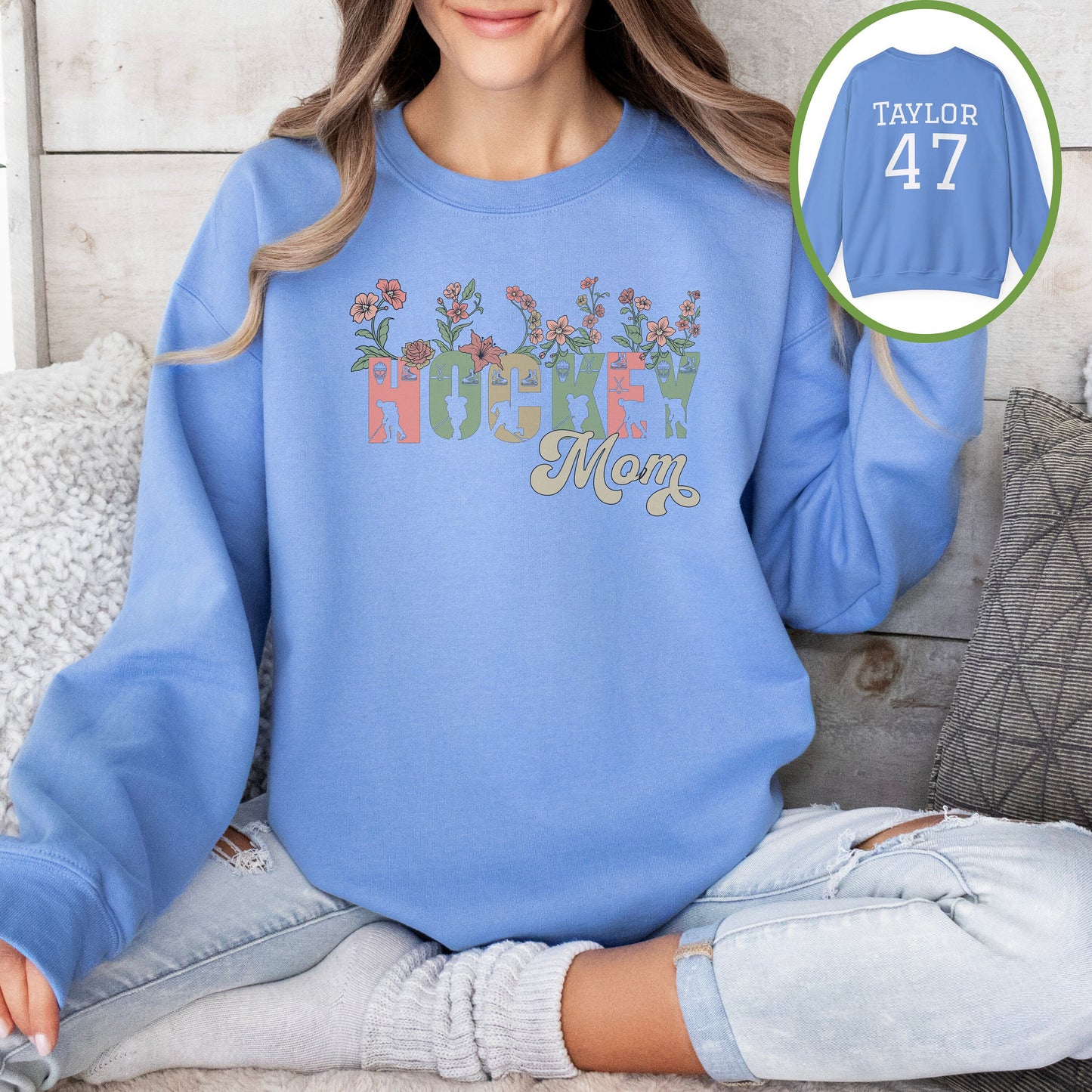 Personalized Pretty Hockey Mom Sweatshirt, Hockey Mom Gift, Unisex Crewneck Sweatshirt for Women, Wild Flowers Hockey Mom Sweater