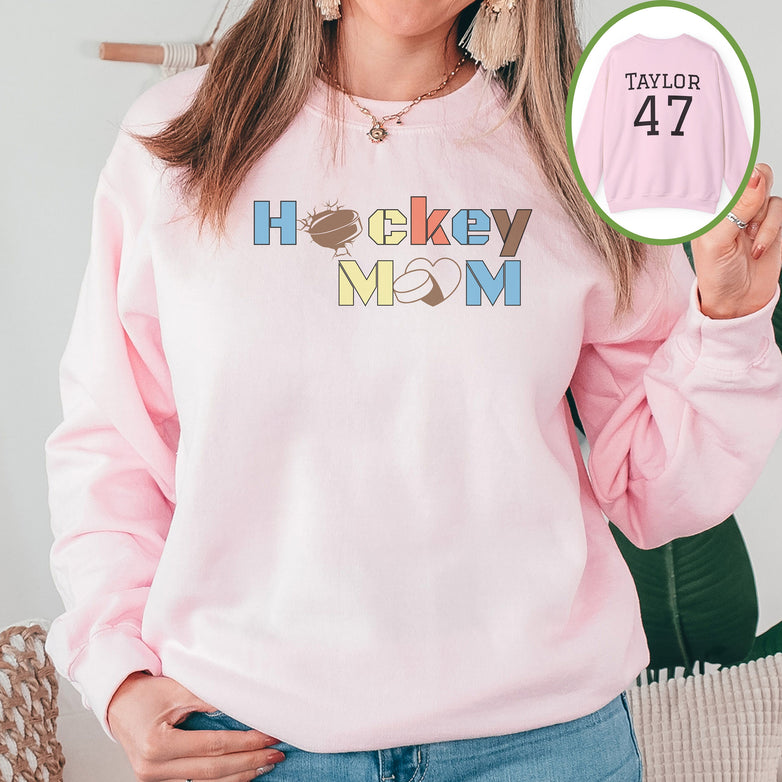 Personalized Hockey Mom Sweatshirt, Hockey Mom Gift, Unisex Crewneck Sweatshirt for Women, Name on Back Hockey Mom Sweater