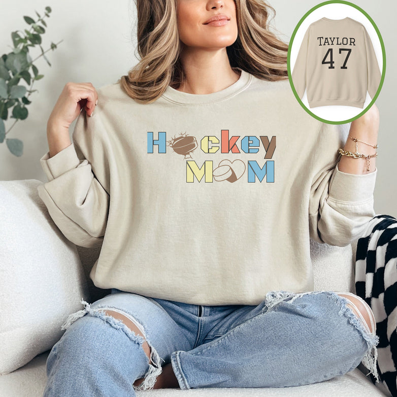 Personalized Hockey Mom Sweatshirt, Hockey Mom Gift, Unisex Crewneck Sweatshirt for Women, Name on Back Hockey Mom Sweater