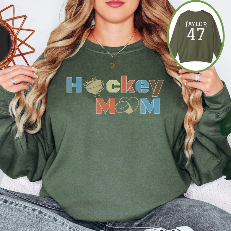 Personalized Hockey Mom Sweatshirt, Hockey Mom Gift, Unisex Crewneck Sweatshirt for Women, Name on Back Hockey Mom Sweater