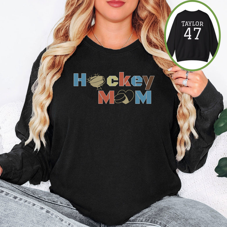 Personalized Hockey Mom Sweatshirt, Hockey Mom Gift, Unisex Crewneck Sweatshirt for Women, Name on Back Hockey Mom Sweater