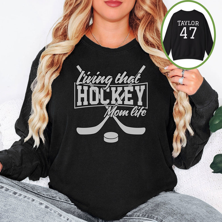 Personalized Hockey Mom Sweatshirt, Hockey Mom Gift, Unisex Crewneck Sweatshirt for Women, Living That Hockey Mom Life Sweater, Word on Back