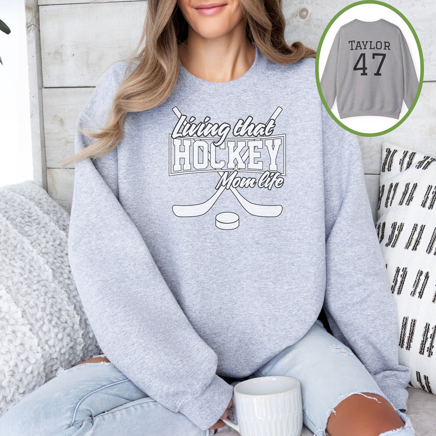 Personalized Hockey Mom Sweatshirt, Hockey Mom Gift, Unisex Crewneck Sweatshirt for Women, Living That Hockey Mom Life Sweater, Word on Back