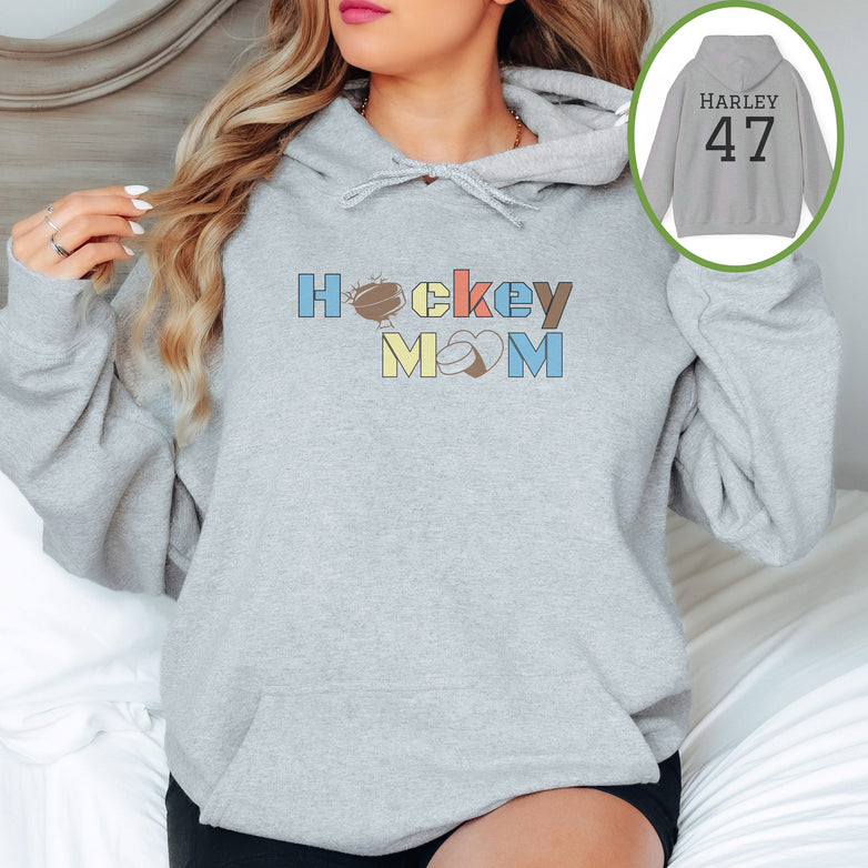 Personalized Hockey Mom Hoodie, Hockey Mom Gift, Unisex Hoodie for Women, Name on Back Hockey Mom Hooded Sweater