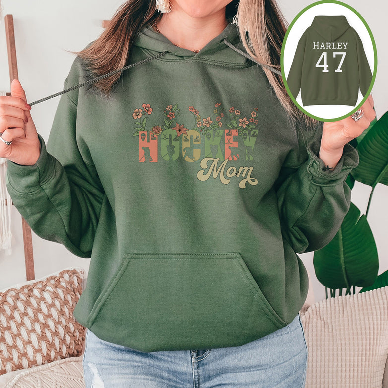 Personalized Pretty Hockey Mom Hoodie, Hockey Mom Gift, Hooded Sweatshirt for Women, Wild Flowers Hockey Mom Sweater, Hockey Hoodie for Mom