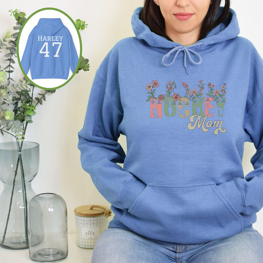 Personalized Pretty Hockey Mom Hoodie, Hockey Mom Gift, Hooded Sweatshirt for Women, Wild Flowers Hockey Mom Sweater, Hockey Hoodie for Mom