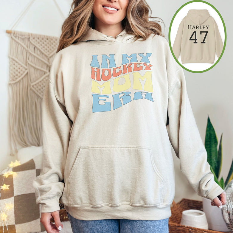 Personalized Hockey Mom Hoodie, Hockey Mom Gift, Hooded Sweatshirt for Women, Name on Back In My Hockey Mom Era Sweater, Hoodie for Mom