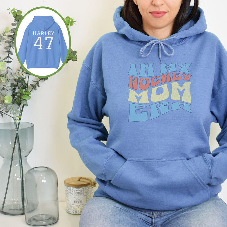 Personalized Hockey Mom Hoodie, Hockey Mom Gift, Hooded Sweatshirt for Women, Name on Back In My Hockey Mom Era Sweater, Hoodie for Mom