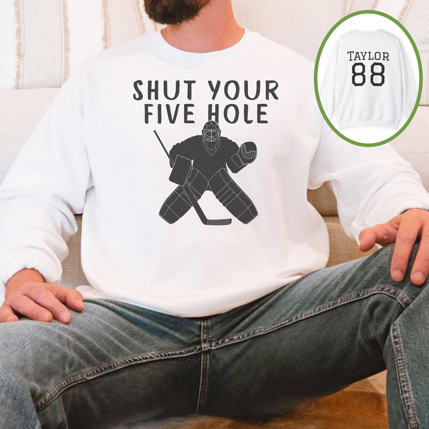 Personalized Funny Hockey Shirt, Shut Your Five Hole Hockey Goalie Sweatshirt, Unisex Crewneck Hockey Goalie Gift Sweater Hockey Player Gift