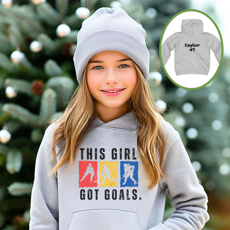 Personalized Girls Hockey Shirt, Youth Girls Hockey Hoodie, Gift for Girls Hockey Player, This Girl Got Goals Youth Hoodie