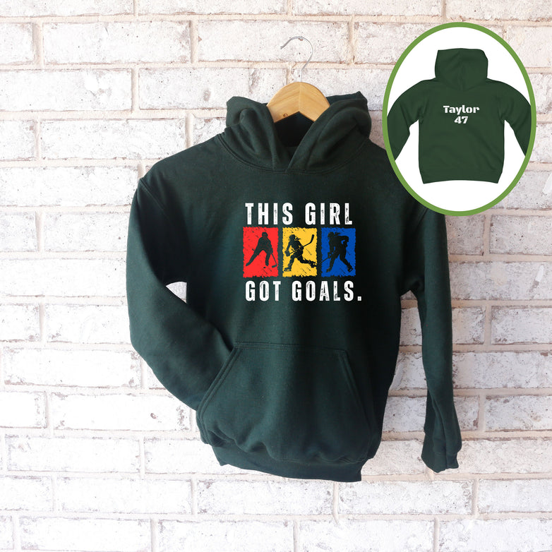 Personalized Girls Hockey Shirt, Youth Girls Hockey Hoodie, Gift for Girls Hockey Player, This Girl Got Goals Youth Hoodie