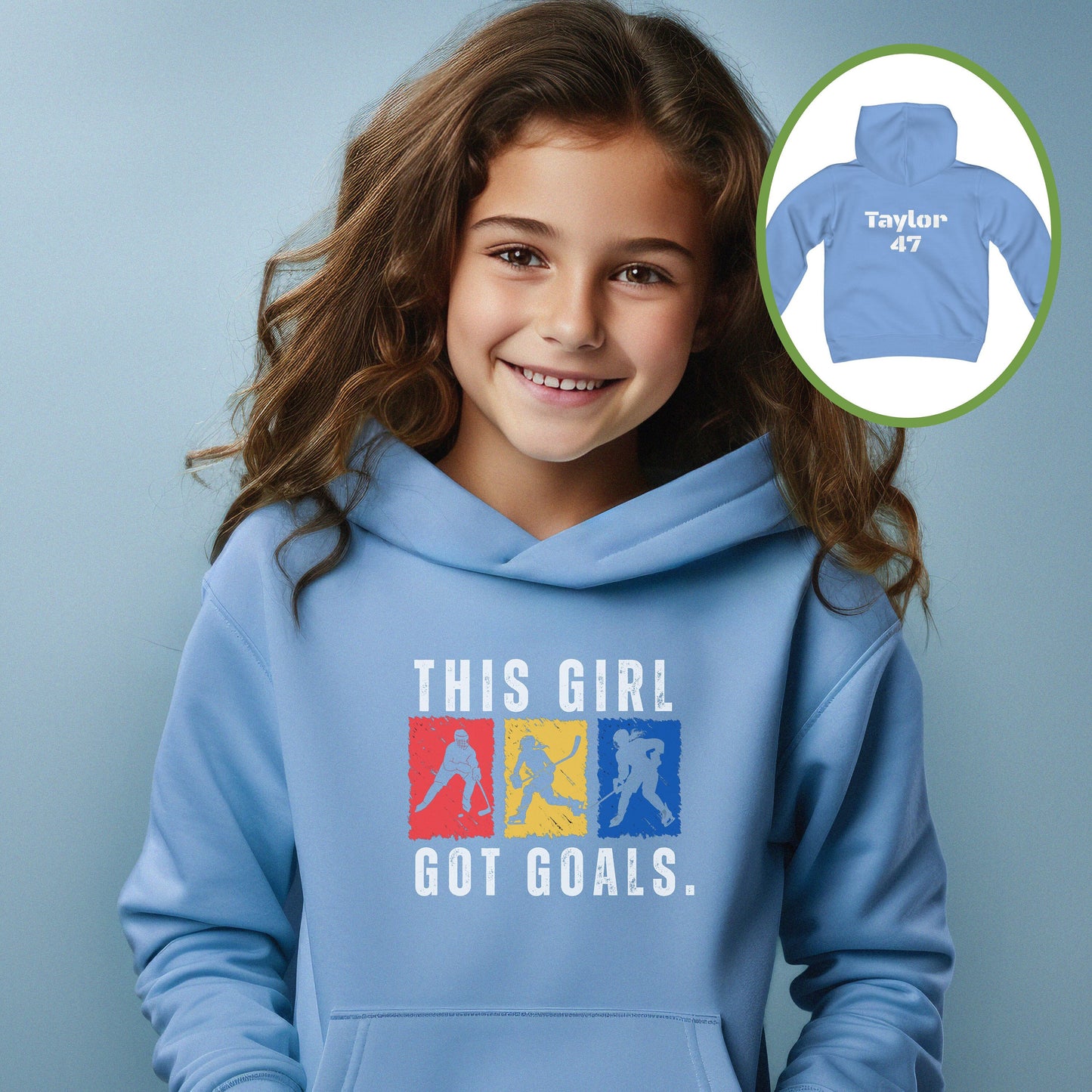 Personalized Girls Hockey Shirt, Youth Girls Hockey Hoodie, Gift for Girls Hockey Player, This Girl Got Goals Youth Hoodie