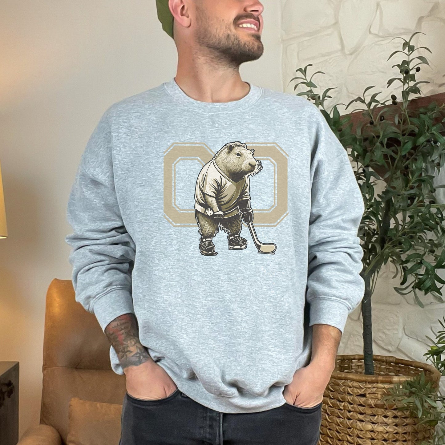 Personalized Funny Capybara Hockey Sweatshirt, Unisex Crewneck Hockey Sweatshirt for Men Gift, Hockey Player Shirt, Gift for Hockey Lover