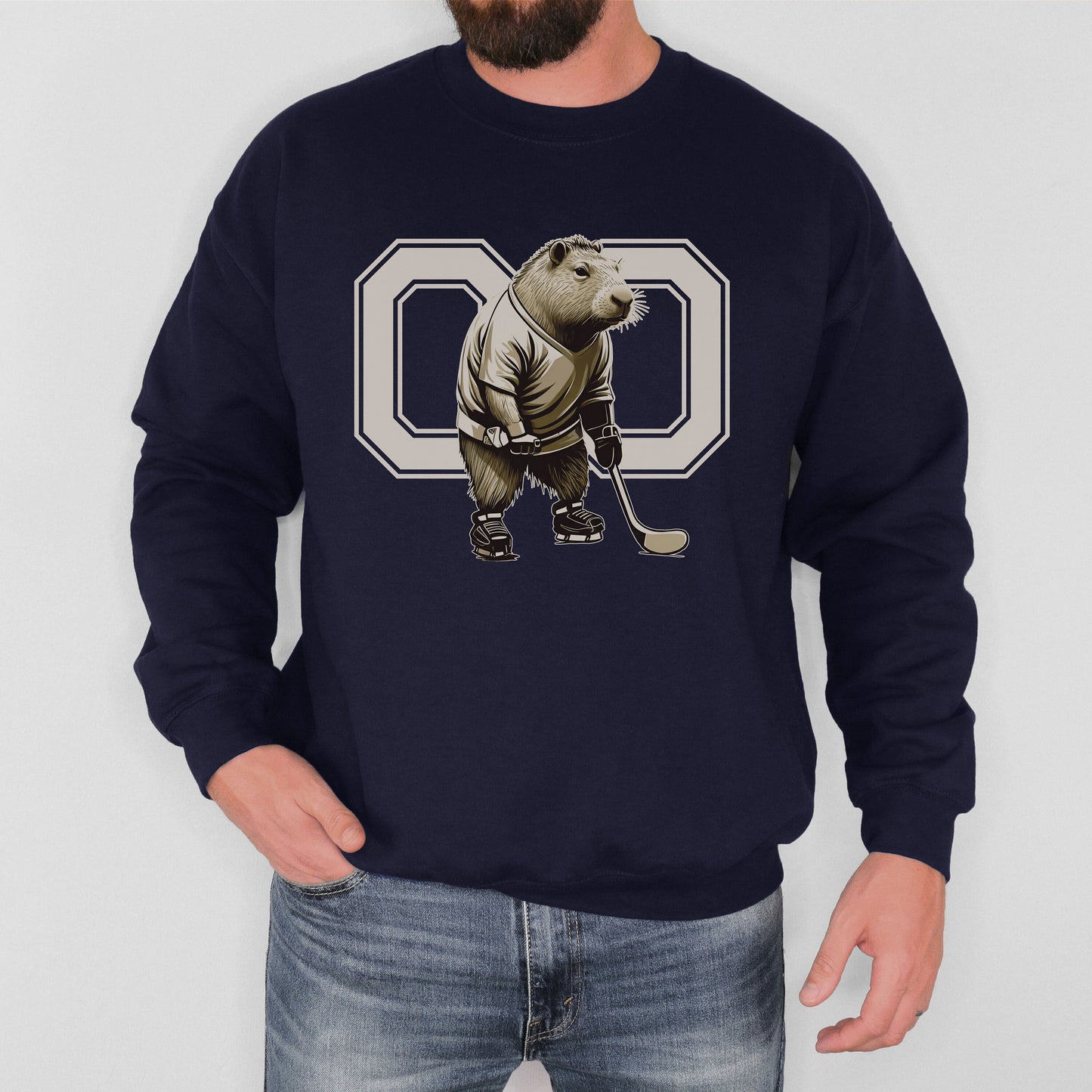 Personalized Funny Capybara Hockey Sweatshirt, Unisex Crewneck Hockey Sweatshirt for Men Gift, Hockey Player Shirt, Gift for Hockey Lover