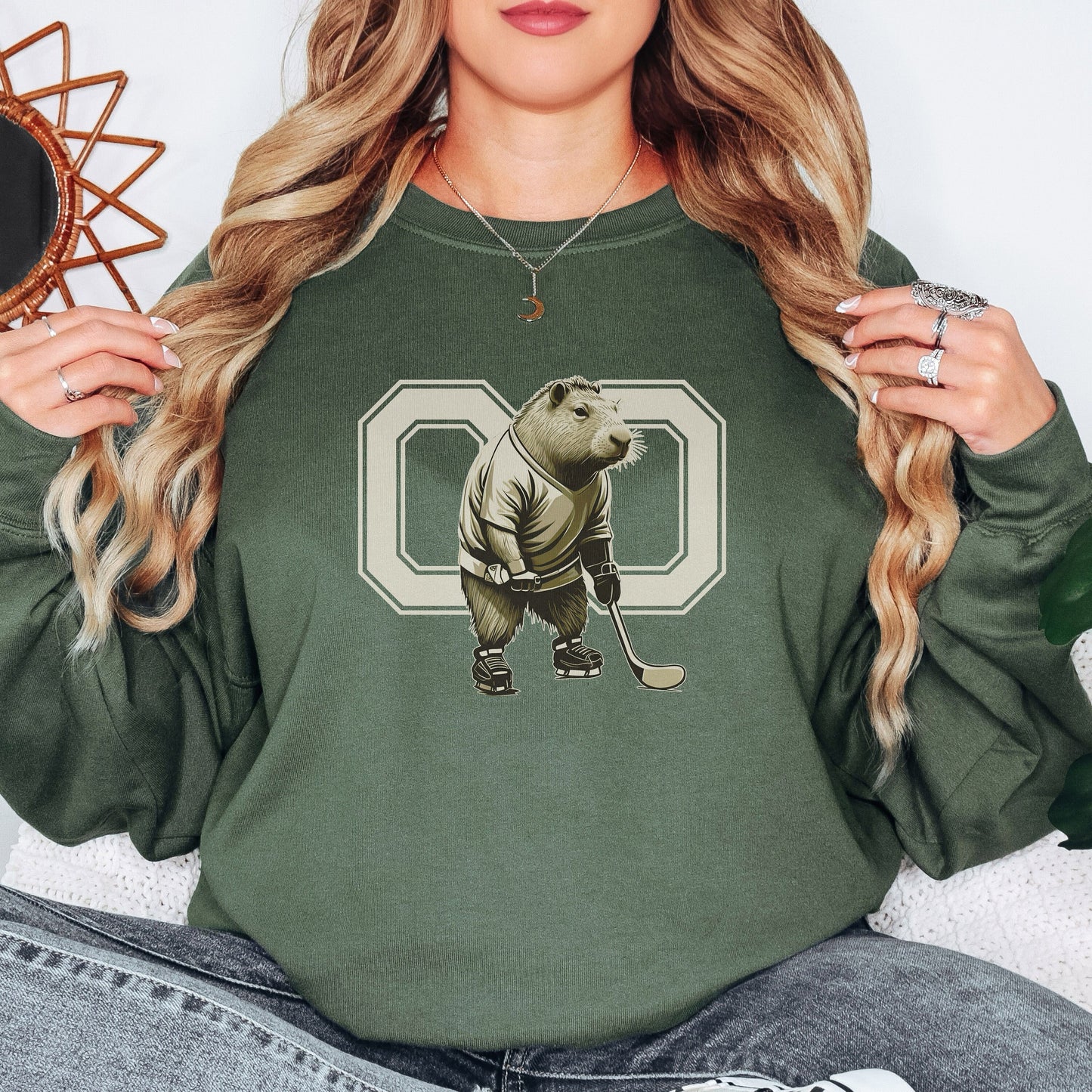 Personalized Funny Capybara Hockey Sweatshirt, Unisex Crewneck Hockey Sweatshirt for Men Gift, Hockey Player Shirt, Gift for Hockey Lover