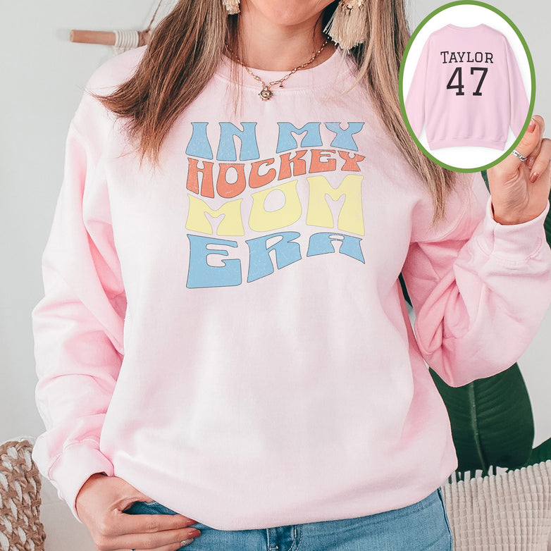 Personalized Hockey Mom Sweatshirt, Hockey Mom Gift, Unisex Crewneck Sweatshirt for Women, Name on Back In My Hockey Mom Era Sweater