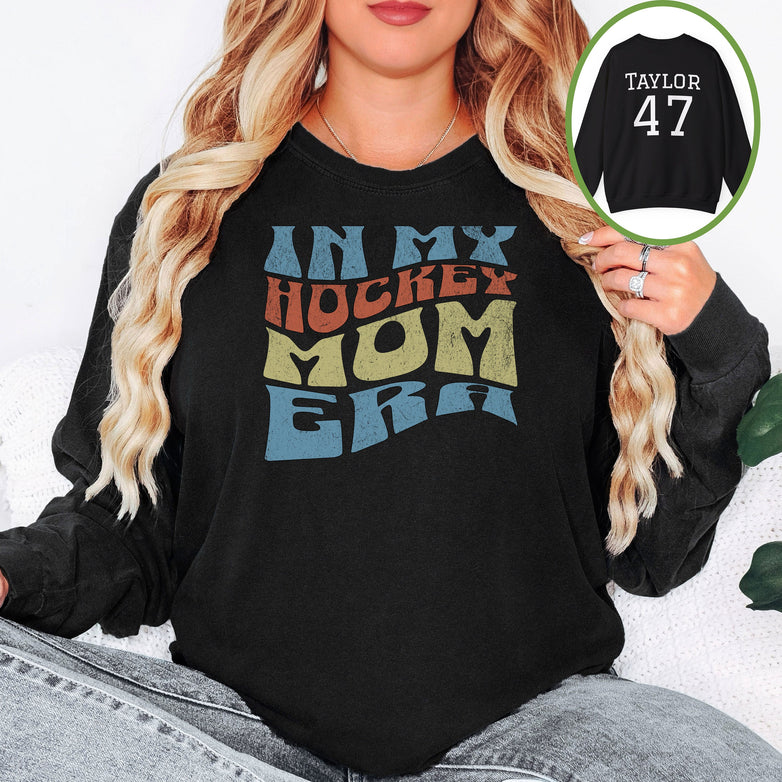 Personalized Hockey Mom Sweatshirt, Hockey Mom Gift, Unisex Crewneck Sweatshirt for Women, Name on Back In My Hockey Mom Era Sweater