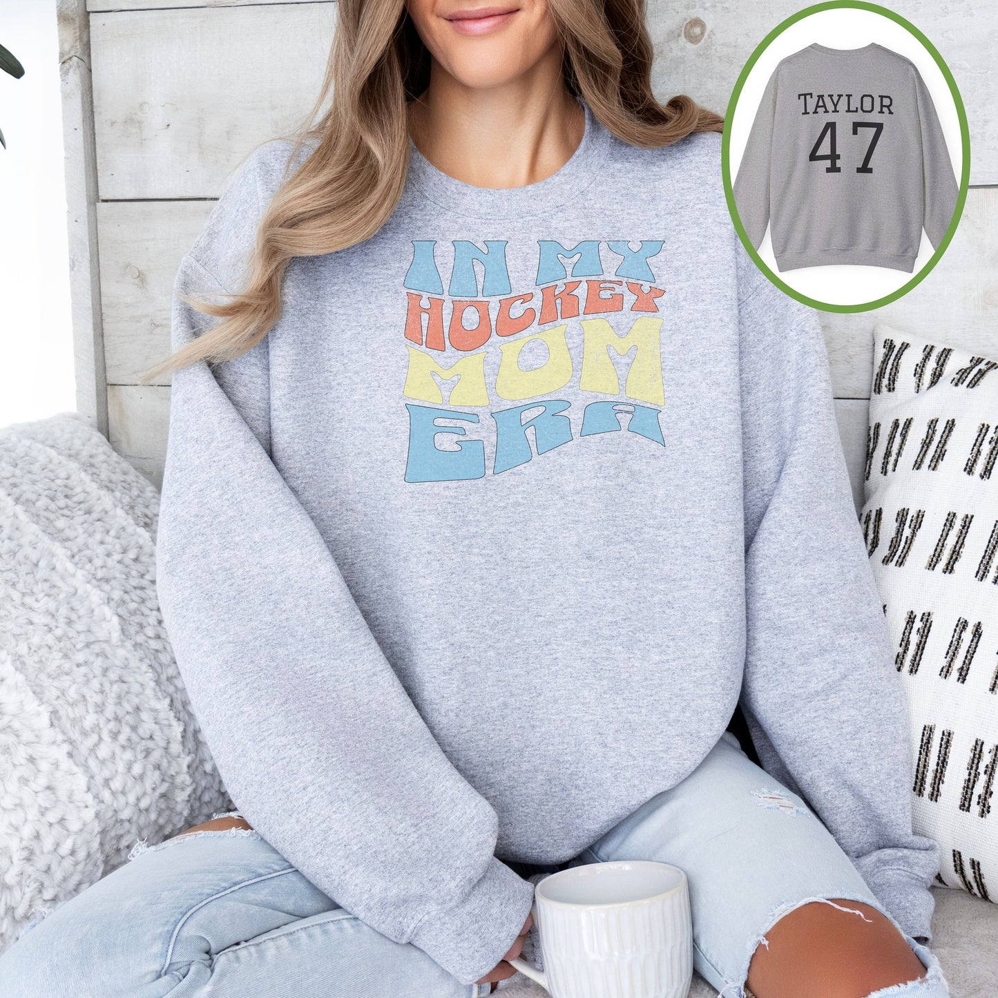 Personalized Hockey Mom Sweatshirt, Hockey Mom Gift, Unisex Crewneck Sweatshirt for Women, Name on Back In My Hockey Mom Era Sweater