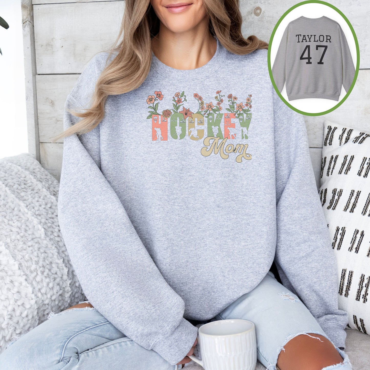 Personalized Pretty Hockey Mom Sweatshirt, Hockey Mom Gift, Unisex Crewneck Sweatshirt for Women, Wild Flowers Hockey Mom Sweater