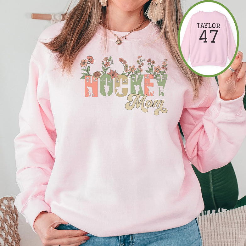 Personalized Pretty Hockey Mom Sweatshirt, Hockey Mom Gift, Unisex Crewneck Sweatshirt for Women, Wild Flowers Hockey Mom Sweater