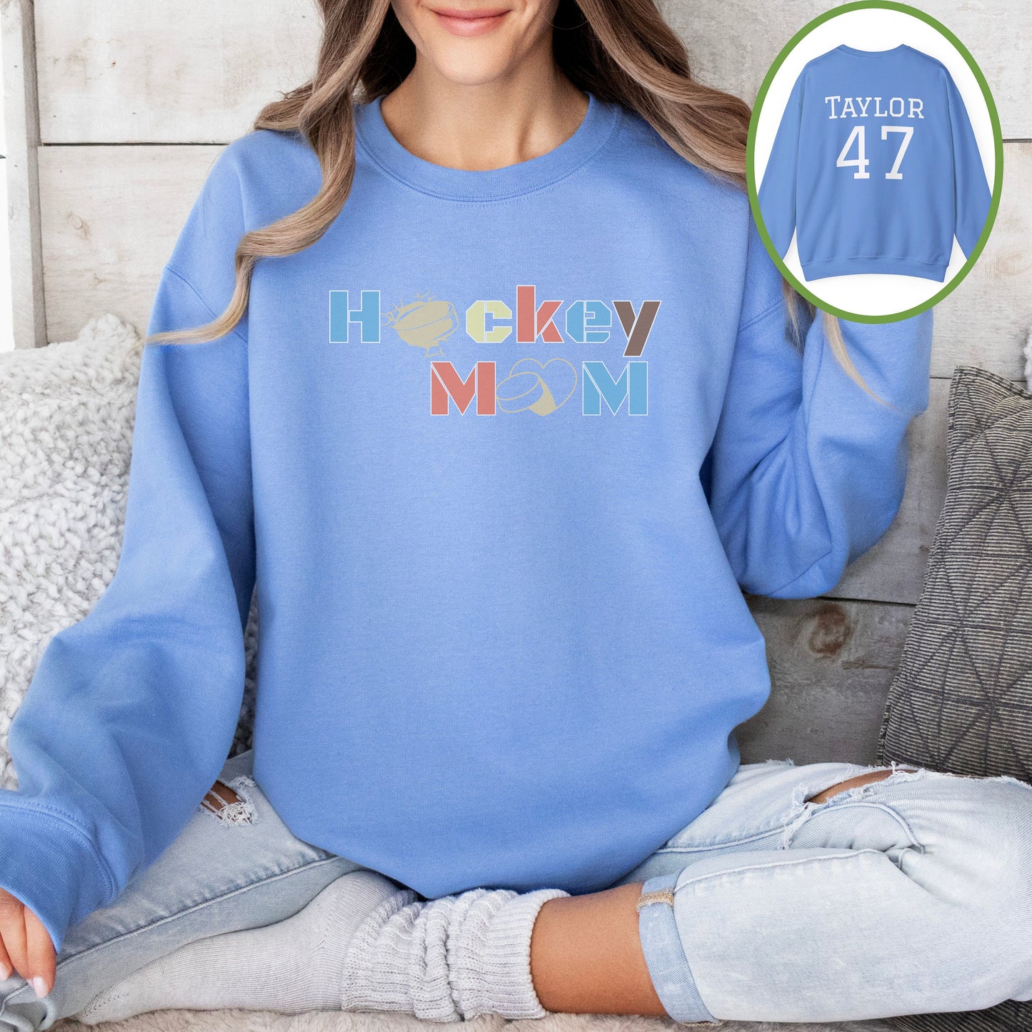 Personalized Hockey Mom Sweatshirt, Hockey Mom Gift, Unisex Crewneck Sweatshirt for Women, Name on Back Hockey Mom Sweater