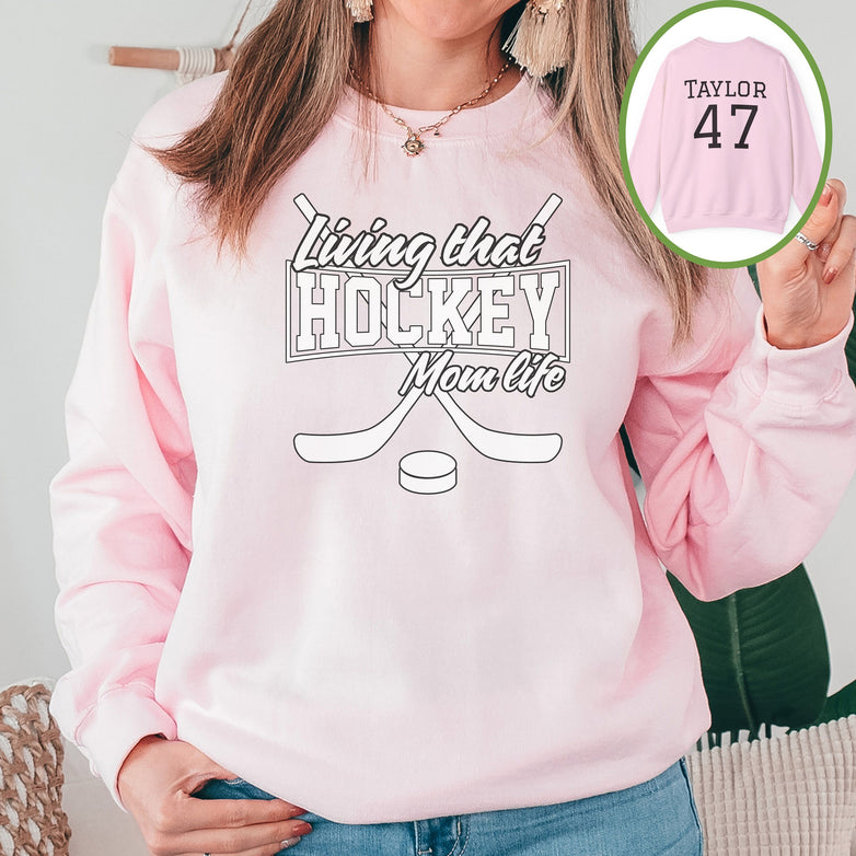 Personalized Hockey Mom Sweatshirt, Hockey Mom Gift, Unisex Crewneck Sweatshirt for Women, Living That Hockey Mom Life Sweater, Word on Back