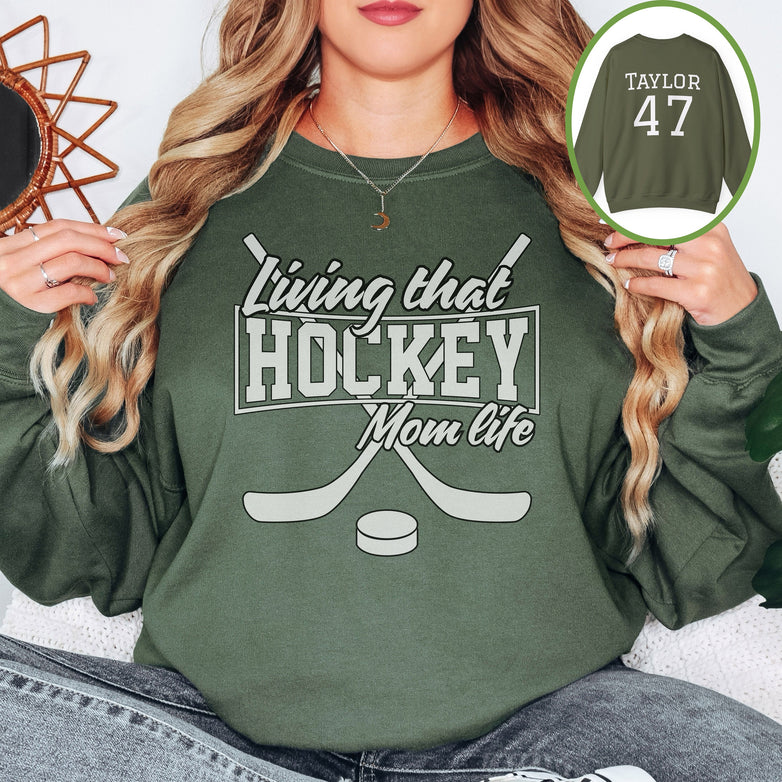 Personalized Hockey Mom Sweatshirt, Hockey Mom Gift, Unisex Crewneck Sweatshirt for Women, Living That Hockey Mom Life Sweater, Word on Back