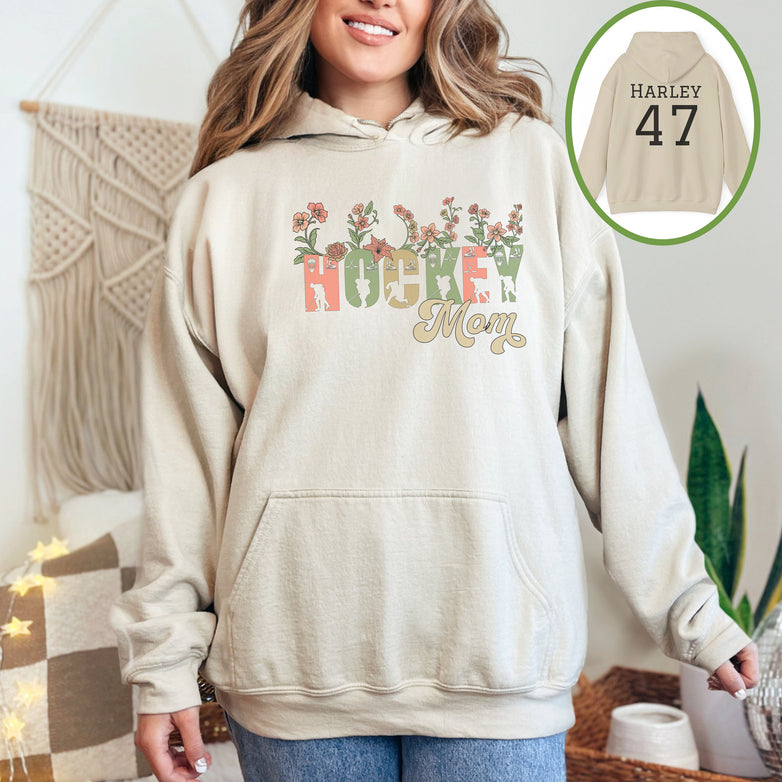 Personalized Pretty Hockey Mom Hoodie, Hockey Mom Gift, Hooded Sweatshirt for Women, Wild Flowers Hockey Mom Sweater, Hockey Hoodie for Mom