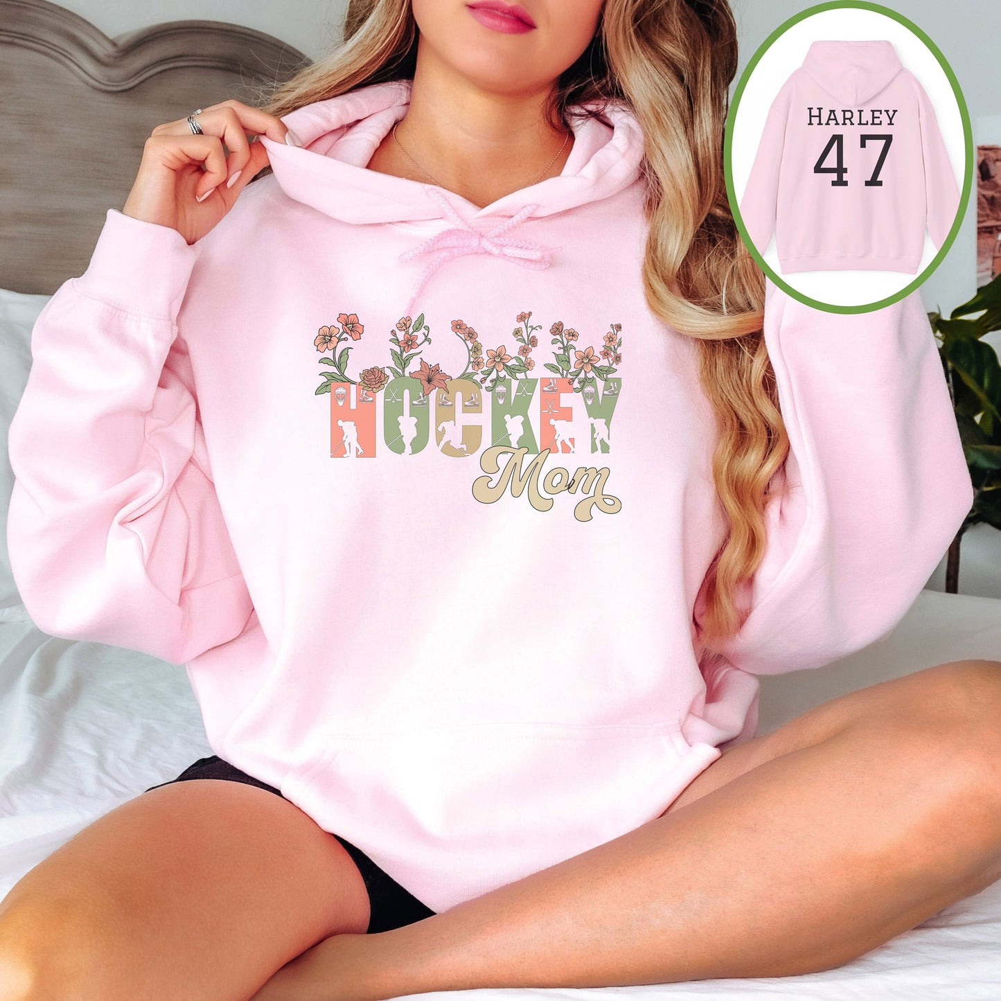 Personalized Pretty Hockey Mom Hoodie, Hockey Mom Gift, Hooded Sweatshirt for Women, Wild Flowers Hockey Mom Sweater, Hockey Hoodie for Mom