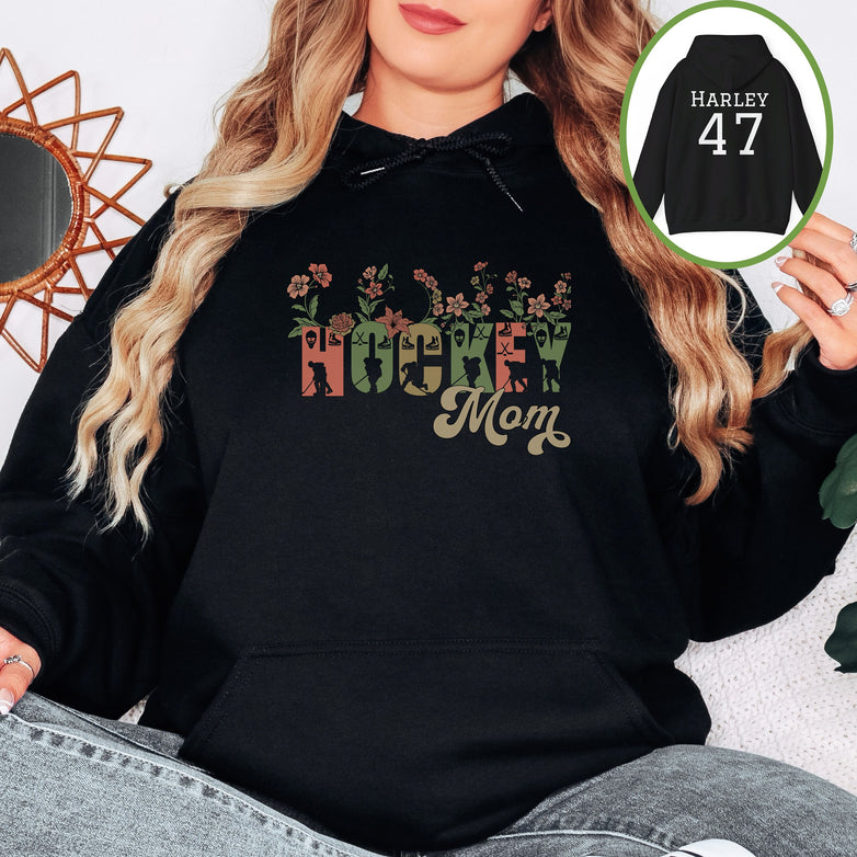 Personalized Pretty Hockey Mom Hoodie, Hockey Mom Gift, Hooded Sweatshirt for Women, Wild Flowers Hockey Mom Sweater, Hockey Hoodie for Mom