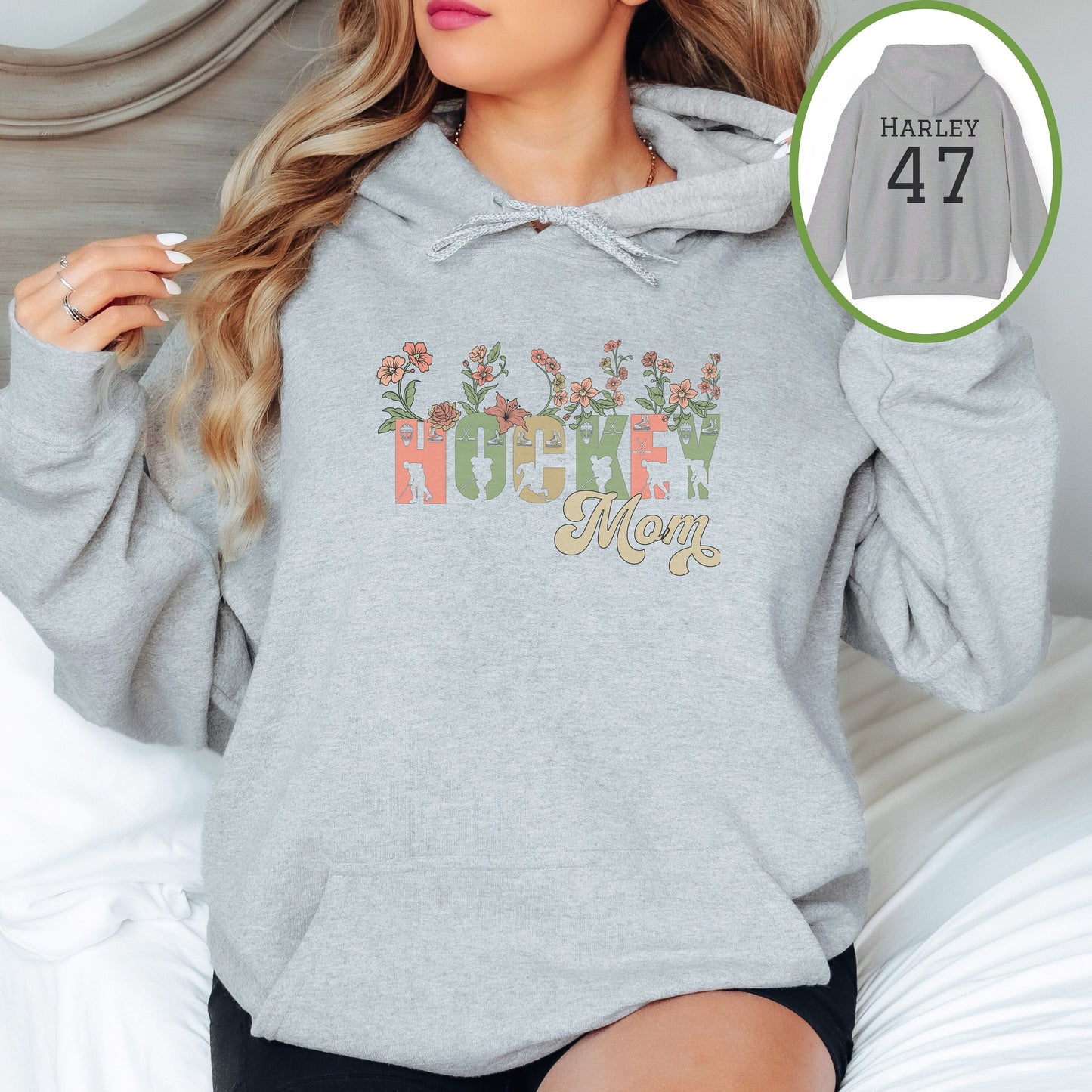 Personalized Pretty Hockey Mom Hoodie, Hockey Mom Gift, Hooded Sweatshirt for Women, Wild Flowers Hockey Mom Sweater, Hockey Hoodie for Mom