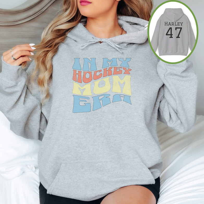 Personalized Hockey Mom Hoodie, Hockey Mom Gift, Hooded Sweatshirt for Women, Name on Back In My Hockey Mom Era Sweater, Hoodie for Mom