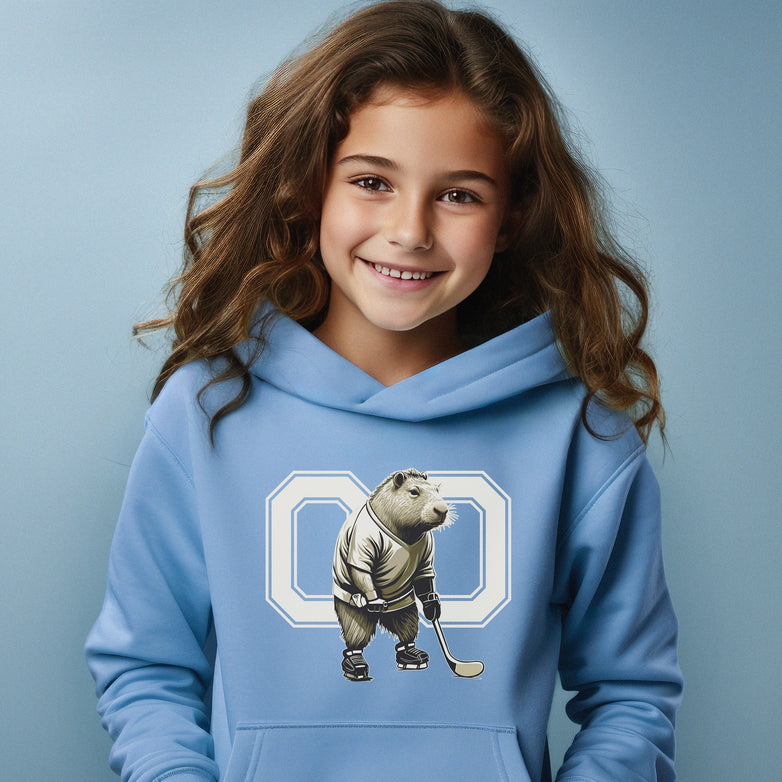 Personalized Funny Capybara Hockey Kids Hoodie, Youth Hockey Hoodie, Hockey Player Shirt for Kids, Cute Gift for Hockey Lover