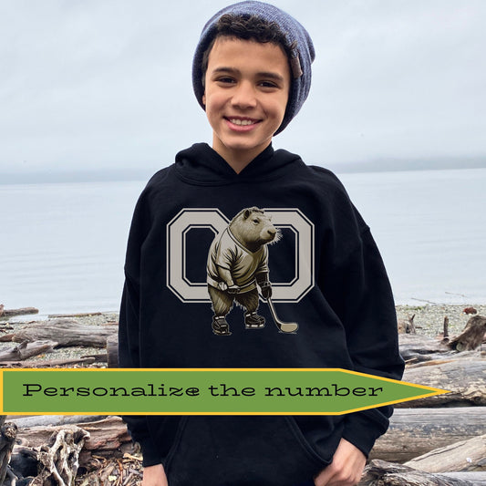 Personalized Funny Capybara Hockey Kids Hoodie, Youth Hockey Hoodie, Hockey Player Shirt for Kids, Cute Gift for Hockey Lover